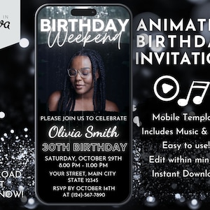 Digital Black and Silver Glitter Birthday Party Animated Video Invitation, Electronic Invite with Photo, Editable Template, Any Age, Evite