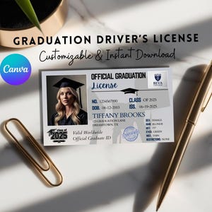 Modèle de licence de remise des diplômes personnalisé 2025, carte d'identité de diplômé modifiable avec photo et code QR, souvenir imprimable pour les personnes âgées, idée cadeau de remise des diplômes