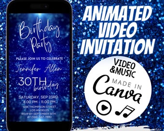Royal Blue Birthday Video Invitation Template, Glitter Celebration Evite Template, Editable Canva Design, Glam Party Announcement With Music