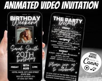 Birthday Weekend Invitation Video, Girls Trip Celebration Evite, Editable Canva Itinerary Template, Photo Party Announcement With Music