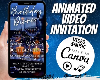 Pode incluir: Um convite de vídeo animado azul e branco para um jantar de aniversário de 30 anos para Sarah Williams. O convite inclui a data, a hora e as informações de RSVP. O texto "VIDEO & MUSIC MADE IN Canva" também está incluído.