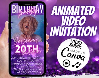 Photo Birthday Video Invitation, Purple Glam Celebration Evite, Editable Canva Template, Luxury Mobile Party Announcement With Music