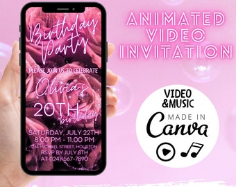 Roze roos geanimeerde videoverjaardagsuitnodiging, bewerkbare canvasjabloon (digitale download)