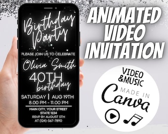 Luxury Birthday Video Invitation, Black Silver Party Evite, Editable Canva Template, Chic Mobile Celebration Announcement With Music