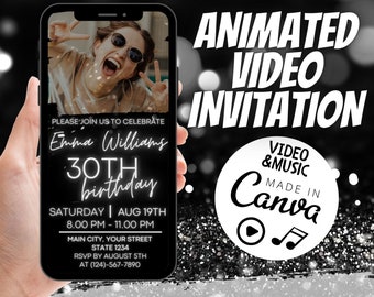 30th Birthday Video Invitation, Photo, Silver Glitter (Digital E-vite)