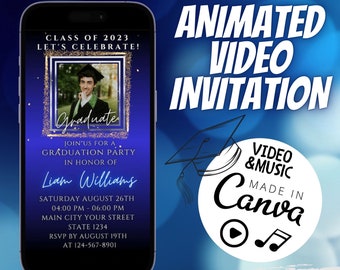 Plantilla digital de invitación de graduación en video de lujo azul marino y dorado, invitación animada glamorosa para la clase de 2026, descarga instantánea para fiestas móviles.