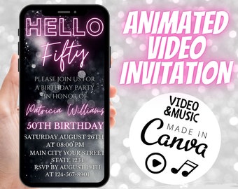Digital Fifty Birthday Invitation, Neon Pink 50th Birthday Invite, Silver and Pink Animated Video Invitation, Editable Template, Any Age