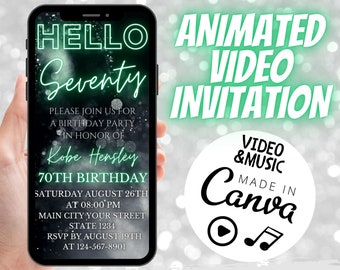 Digital Seventy Birthday Invitation, Neon Green 70th Birthday Invite, Silver and Green Animated Video Invitation, Phone Invitation, Any Age