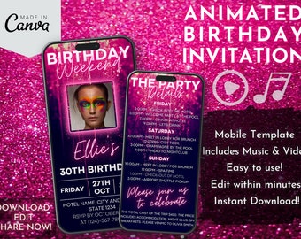 Birthday Weekend Getaway Invitation, Pink Glam Girls Trip Itinerary, Editable Canva Celebration Template, Luxury Video Evite With Music