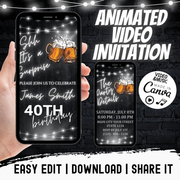 Beer Invitation, Digital Surprise Beer Party Birthday Invitation, Electronic Beer Evite, Surprise Video E Invite, Editable Template, Any Age