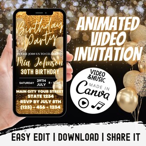 Digital Gold Balloons Birthday Party Invitation, Electronic Gold Birthday Invite, Editable Template, Phone Evite, Instant Download, Any Age