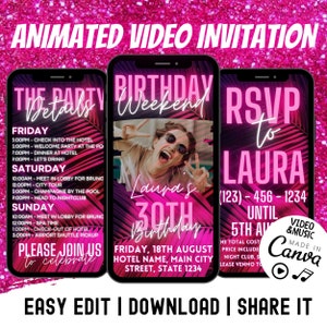 30th Digital Birthday Weekend Itinerary Neon Pink Invitation, Electronic Itinerary Schedule with Photo, Instant Download, Evite, Any Age