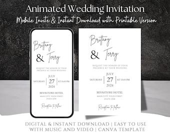 May include: Black and white wedding invitation template with a modern design. The invitation features the couple's names, "Brittany & Terry", the date and time of the wedding, and the location. The text "Reception to follow" is also included.