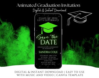 Neongroene save-the-date video-uitnodiging afstuderen, canvasjabloon (digitale download)