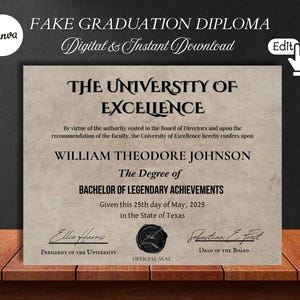 Editable Fake Graduation Diploma Template, Funny Custom Printable Certificate, Canva PDF Download for Party, Grad Gift, Instant Download DIY