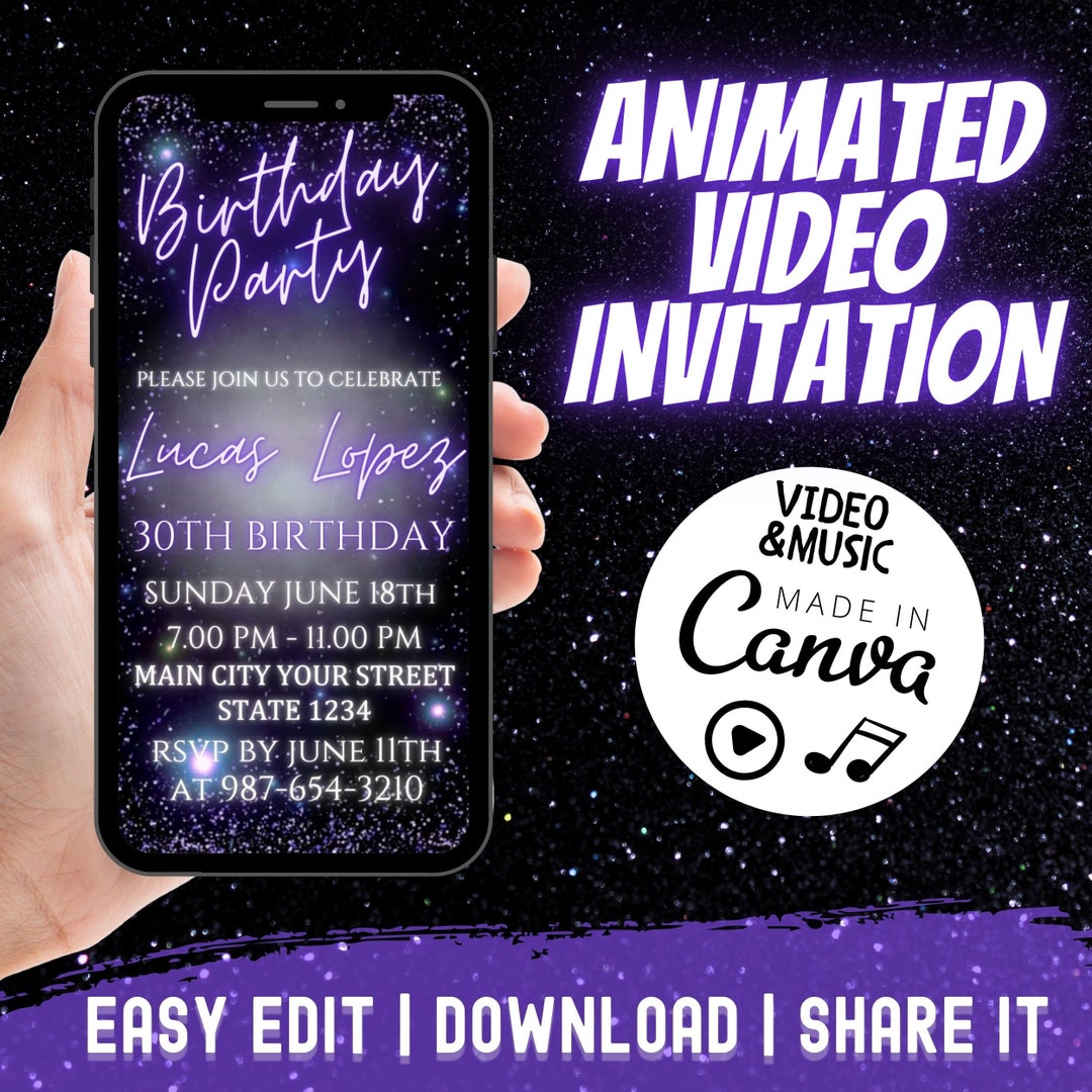 Digital Birthday Party Invitation, Birthday Party Invitation, Electronic Neon Purple Invitation