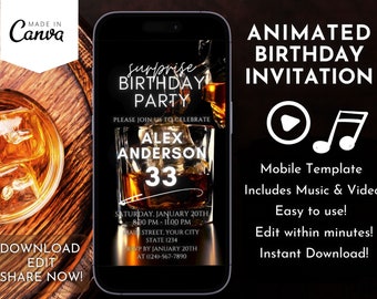 Whiskey Birthday Invitation Video Template, Surprise Party Evite Template, Editable Canva Celebration Design,Luxury Men's Event Announcement