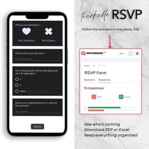 May include: A smartphone screen displays an RSVP form with fields for name, attendance, and a note. The text "trackable RSVP" and "INVITARIUM" are visible. The form includes options to download responses as PDF or Excel files.