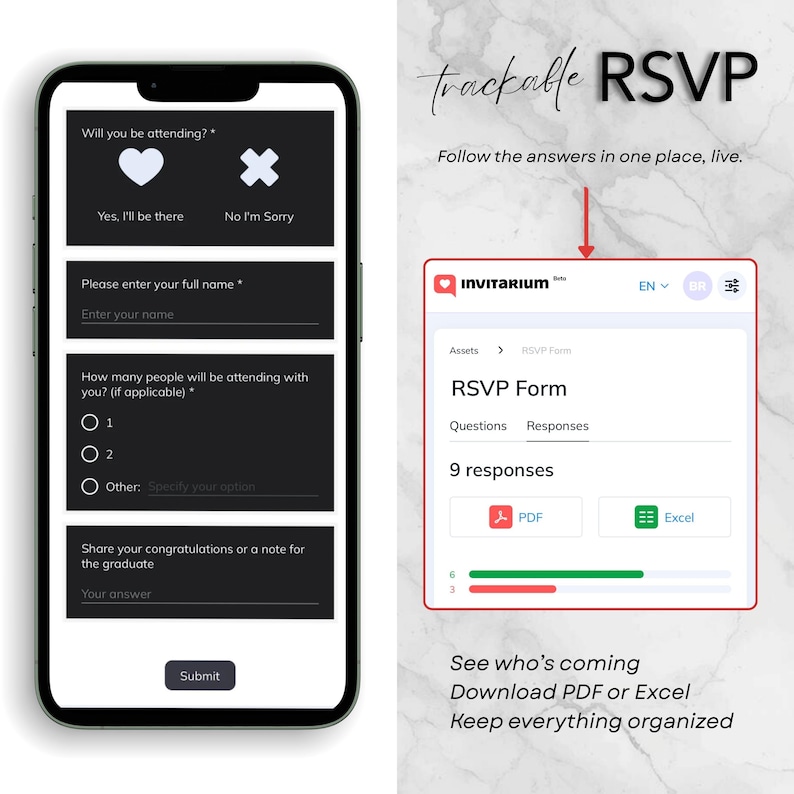 May include: A smartphone screen displays an RSVP form with fields for name, attendance, and a note. The text "trackable RSVP" and "INVITARIUM" are visible. The form includes options to download responses as PDF or Excel files.