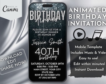 Luxury Silver Birthday Dinner Invitation, Animated Video Canva Template, Editable Elegant Party Evite With Music, Silver Glam Celebration