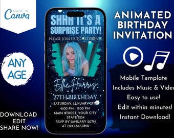 Surprise Birthday Party Video Invitation, Photo Celebration Evite Template, Editable Canva Design, Blue Glam Mobile Announcement With Music