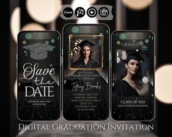 Moderne video-uitnodiging afstuderen 2026, geanimeerde feestuitnodiging, zwart goud elegant ontwerp, opslagdatum evenement digitale download, mobiele sjabloon