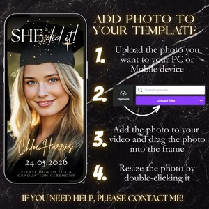 May include: A graduation announcement template on a smartphone screen. The image features a smiling blonde woman wearing a graduation cap. Text includes "SHE did it!" and details: Chloe Harris, 24.05.2026, and a graduation ceremony invitation.