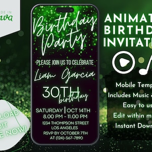 Green Birthday Party Invitation, Men Birthday Invite, Electronic Invite, Invitation for Him, Instant Download, Editable Template, Any Age