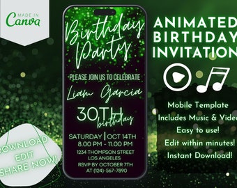 Animated 30th Birthday Invitation Video Template, Green Adult Birthday Party Invite, Editable Canva Design, Mobile Celebration Evite