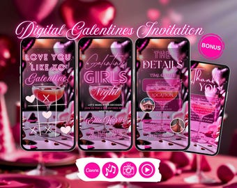 Op de afbeelding: Digitale uitnodiging voor een Galentine's Girls Night. De uitnodiging is roze en wit met een cocktailglas, harten en de tekst "Love You Like XO Galentine!" en "Galentine's Girls Night".