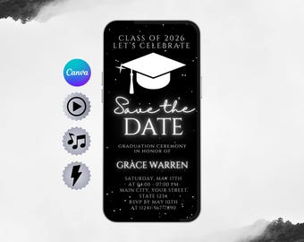 Graduation Video Invitation Black Elegant Save The Date Canva Template, Modern Ceremony Announcement Classy Senior Party Invite, Neon Script