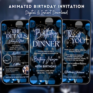 Invito animato glamour per cena di compleanno, elegante invito digitale blu e nero, modello video Canva modificabile per feste di qualsiasi età