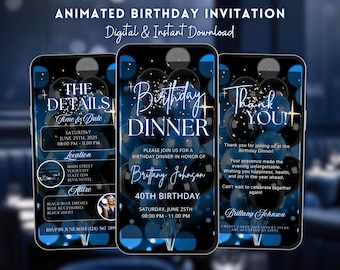 Elegante blauw-zwarte geanimeerde verjaardagsuitnodiging voor het diner (digitale download)