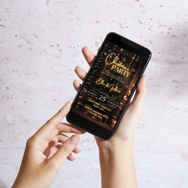 May include: A smartphone displays a Christmas party invitation. The invitation features gold text that reads "Christmas Party" and includes the names "Elle & Robert." The date and time are also displayed: Thursday 25 at 08:00 PM.