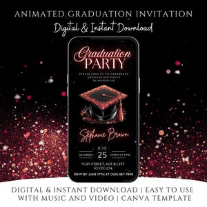 Modelo de convite para festa de formatura digital vermelha da turma de 2025, anúncio de formatura da faculdade, convite de formatura moderno, texto de formatura glam evite