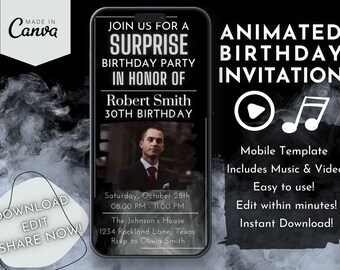 Geanimeerde video-verjaardagsuitnodiging voor heren: Surprise Party Evite (digitale download)