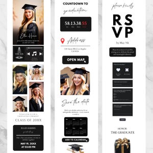 May include: A graduation announcement with a photo of a graduate in a cap and gown. The announcement includes RSVP details, a countdown timer, event details, and a calendar option. The color scheme is black and white.