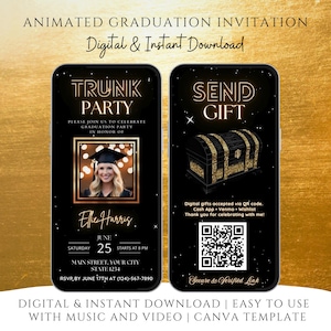May include: Animated graduation invitation displayed on two smartphones. The left phone shows a photo of a graduate and event details. The right phone features a treasure chest graphic and gift information. Text includes "Trunk Party" and "Send Gift".