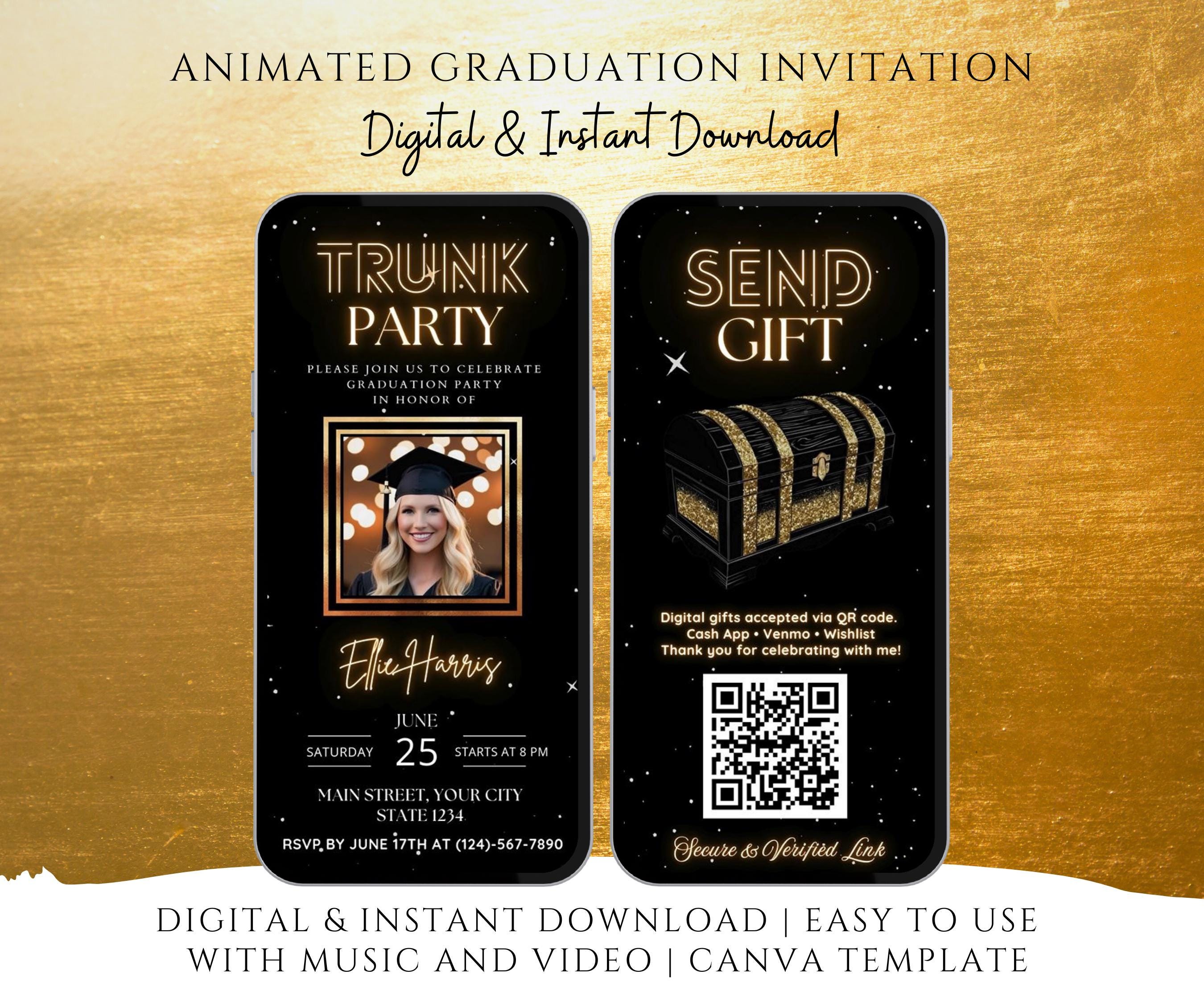 Class of 2025 Animated Trunk Party Graduation Invitation, Digital Video Template with QR Gift Page, Editable Canva, Instant Download RSVP