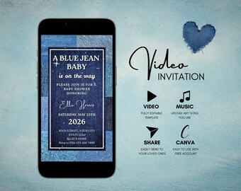Denim babyshower video-uitnodiging, Blue Jean-thema (digitale download, canvasjabloon)