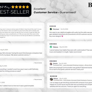 May include: A digital graphic with customer reviews, a "Proven Best-Seller" badge, and the text "Excellent Customer Service Guaranteed!" The reviews are from various customers, with dates and star ratings.