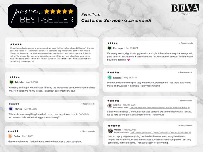 May include: A digital graphic with customer reviews, a "Proven Best-Seller" badge, and the text "Excellent Customer Service Guaranteed!" The reviews are from various customers, with dates and star ratings.