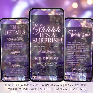 Modello di invito di compleanno a sorpresa con lavanda, elegante invito digitale per la festa dei 20 anni, biglietto d'auguri modificabile Canva color champagne viola, download immediato