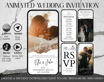 Plantilla de invitación de boda animada digital en vídeo, invitación de boda con fotografía y música, itinerario de boda móvil, programa de boda y confirmación de asistencia