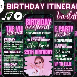 Digital Birthday Weekend Itinerary Invitation, Pink Itinerary Template, Electronic Floral Itinerary Schedule, Travel Itinerary, Girls Trip image 1