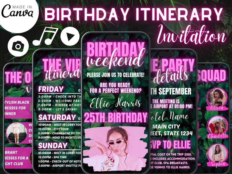Digital Birthday Weekend Itinerary Invitation, Pink Itinerary Template, Electronic Floral Itinerary Schedule, Travel Itinerary, Girls Trip image 1