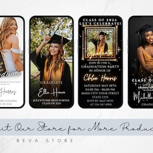 May include: Three black and gold graduation party invitations with photos of graduates wearing caps and gowns. The text on the invitations reads "Class of 2024 Let's Celebrate!" and "Join us for a graduation party in honor of [graduate's name]" with the date, time, and location of the party.