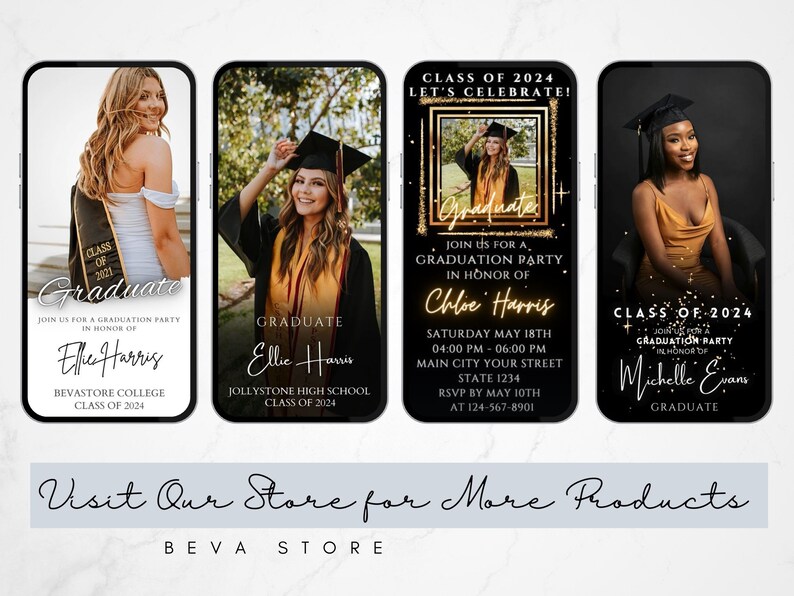 May include: Three black and gold graduation party invitations with photos of graduates wearing caps and gowns. The text on the invitations reads "Class of 2024 Let's Celebrate!" and "Join us for a graduation party in honor of [graduate's name]" with the date, time, and location of the party.