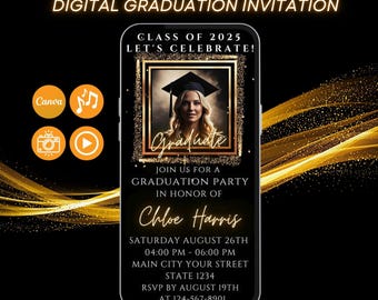 Gold & Black Graduation Video Invitation 2025, Elegant Digital Party Invite with Music, Canva Template, Class of 2025 Grad Announcement DIY