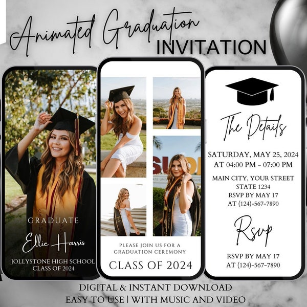 2024 Modern Digital Graduation Ceremony Invitation Template, Minimalist College Grad Announcement, Multiple Photo Graduation Party Invite